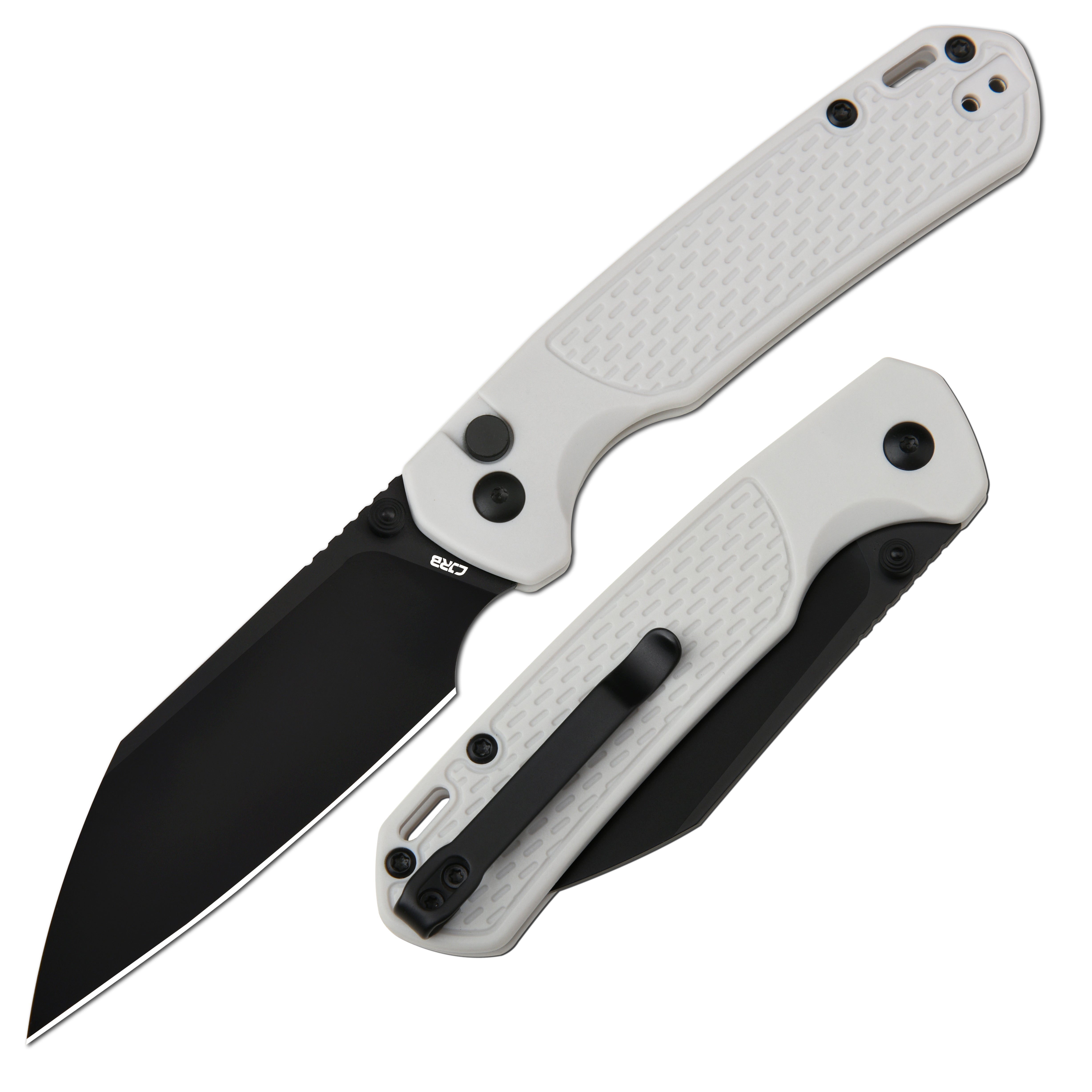 CJRB Pyrite-Light J1945 AR-RPM9 Steel Blade FRN Handle Folding Knives - Black PVD / Light Grey (J1945-BGY)