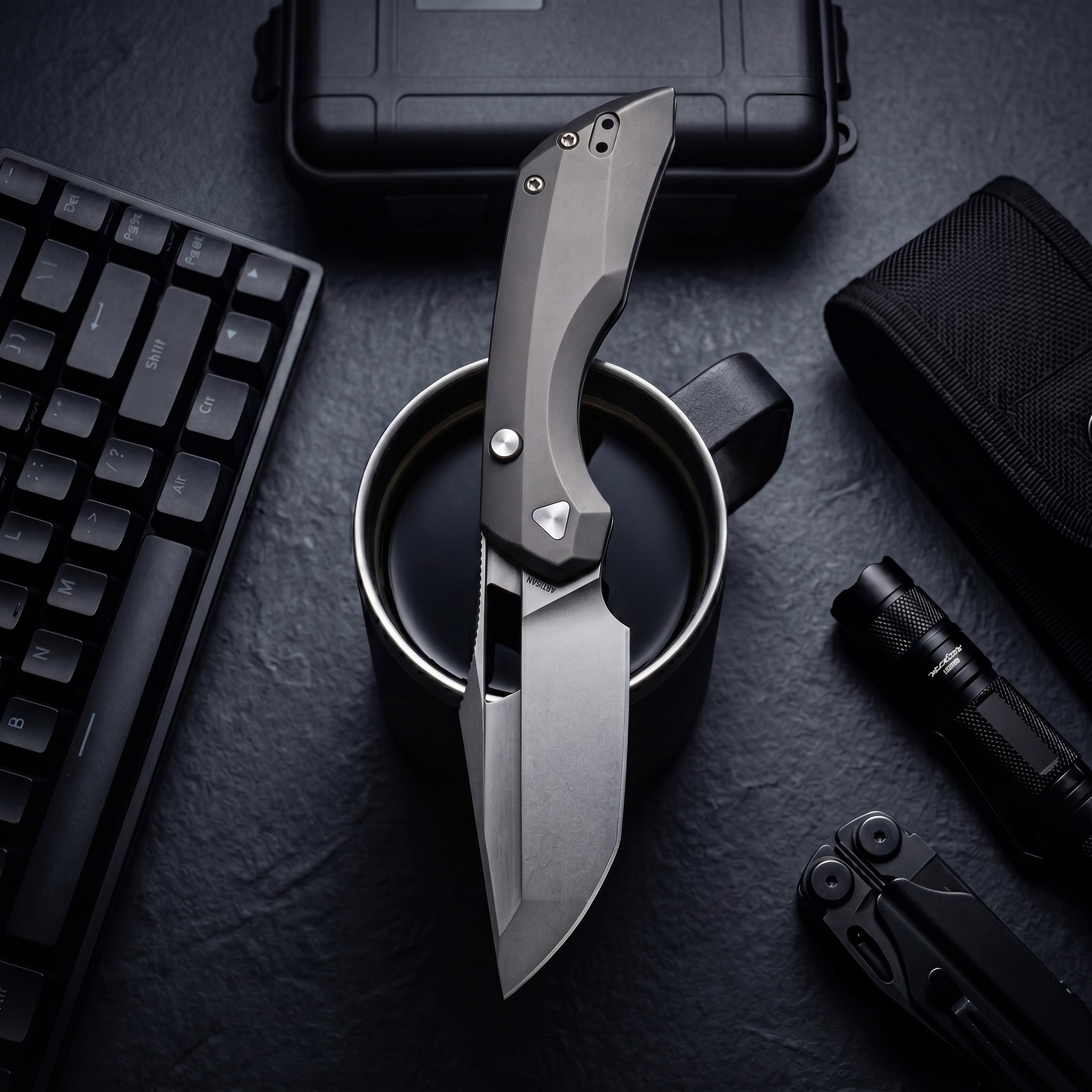 Artisan Cutlery Mousebird Thumb Hole Top Liner Lock EDC Knife Titanium Handle Gold Titanium Clip(3'' CPM S35VN Stone Wash Blade ) 1889G-DG