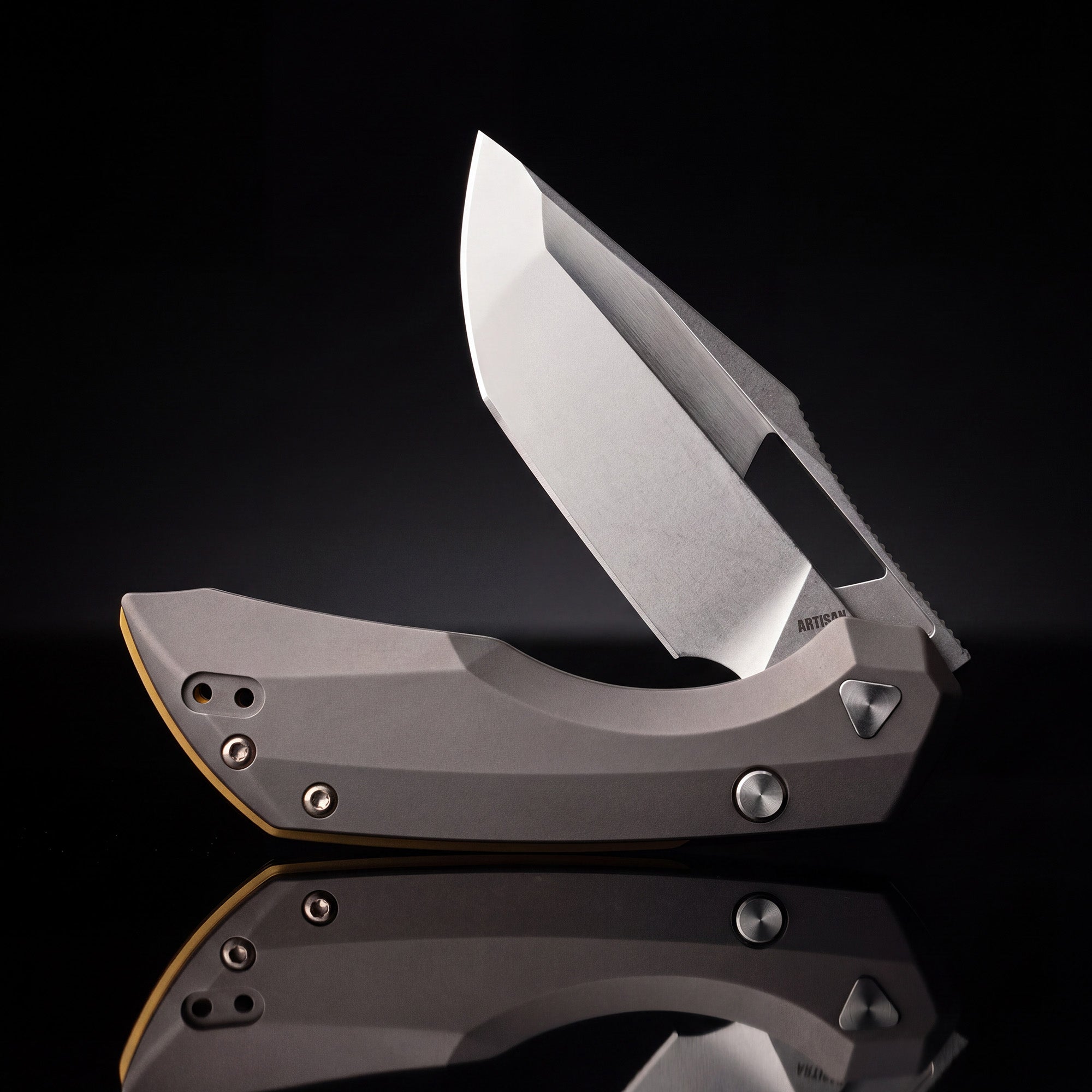 Artisan Cutlery Mousebird Thumb Hole Top Liner Lock EDC Knife Titanium Handle Gold Titanium Clip(3'' CPM S35VN Stone Wash Blade ) 1889G-DG