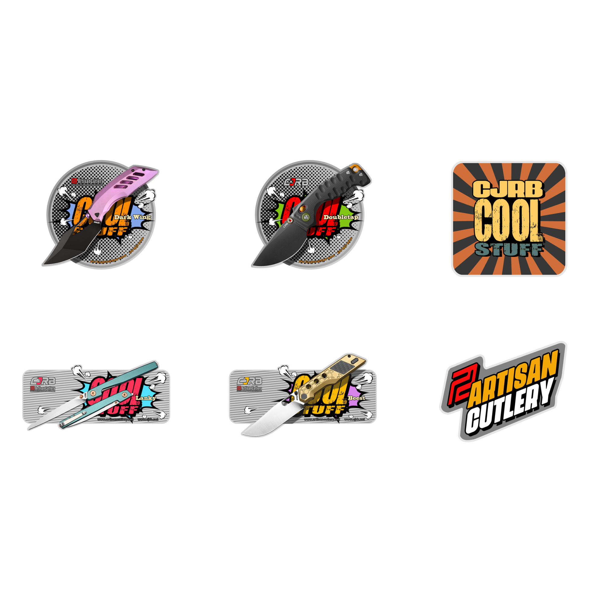 Artisan Cutlery & CJRB Premium Knife Artwork Sticker Pack – 6 Piece Collectible Sticker Set