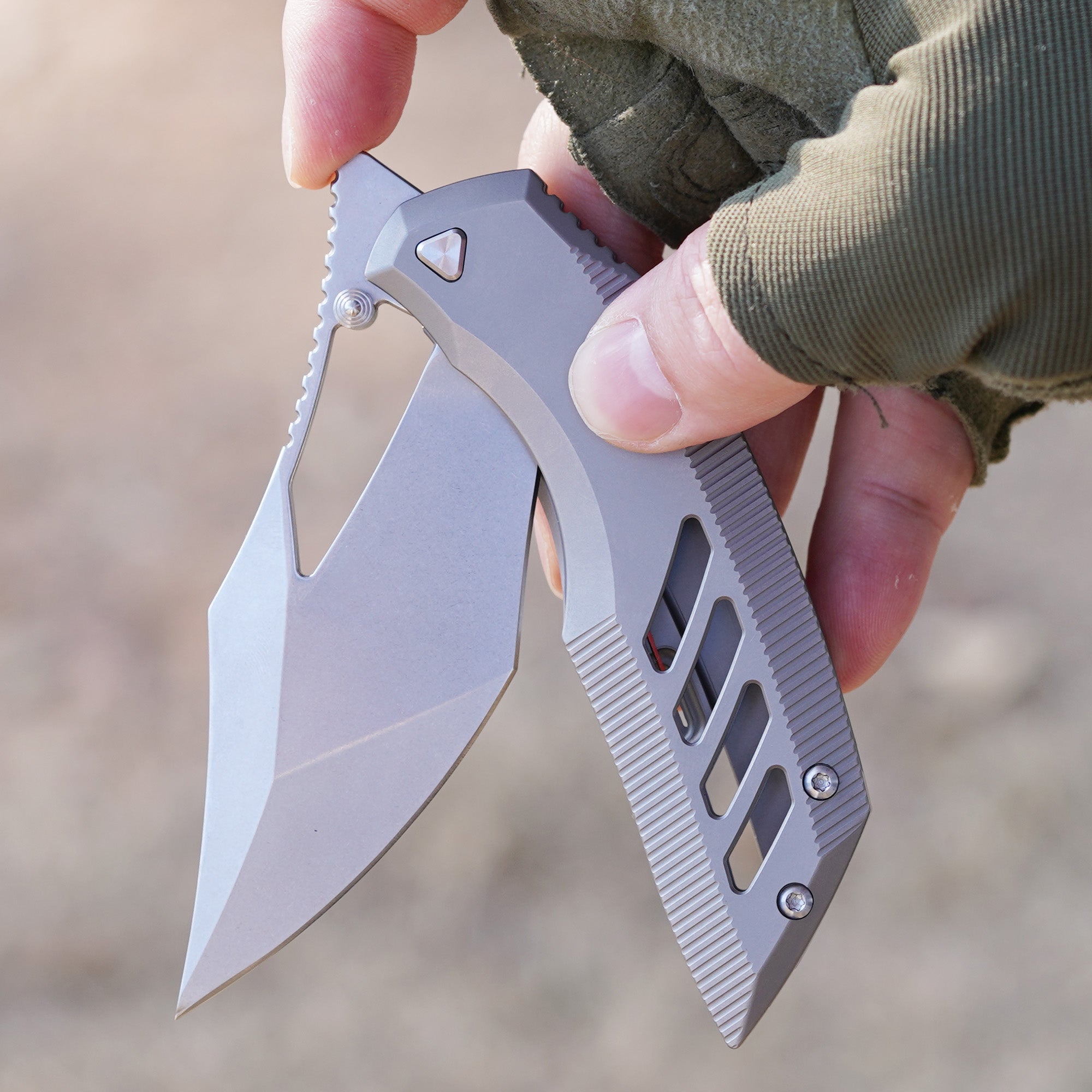 Artisan Cutlery Dark Wing Thumb Hole & Front Flipper Frame Lock EDC Knife Titanium Handle(3.63'' S35VN Stone Wash Blade ) 1887G-GY