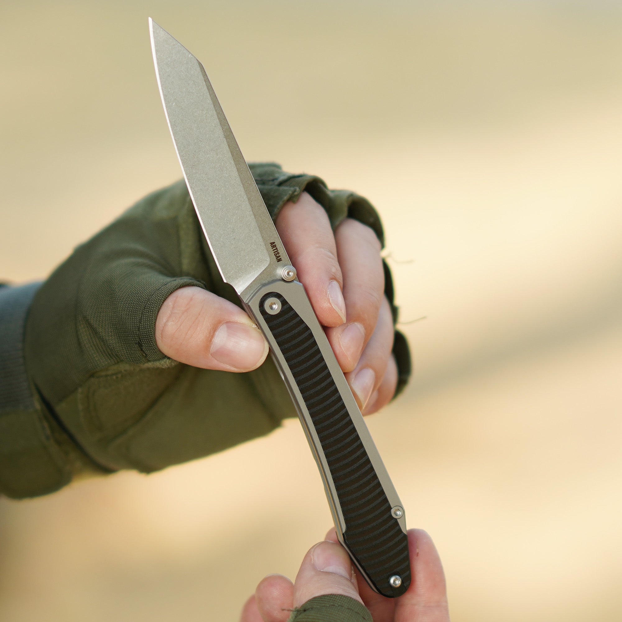 Artisan Cutlery Trust Thumb Stud & Frame Lock Knife Titanium and Aluminum Handle (3.758'' Stone Wash S35VN Blade) 1886G-GY