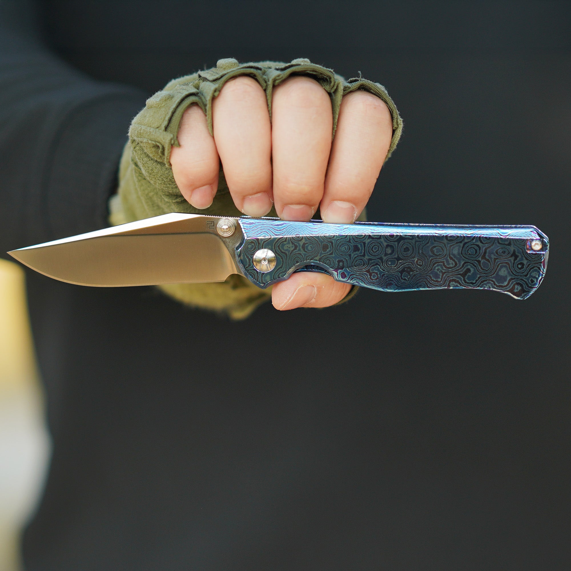 Artisan Cutlery Crusoe ATZ-1869G S90V Blade Titanium Damascus Handle Folding Knives (Limited)