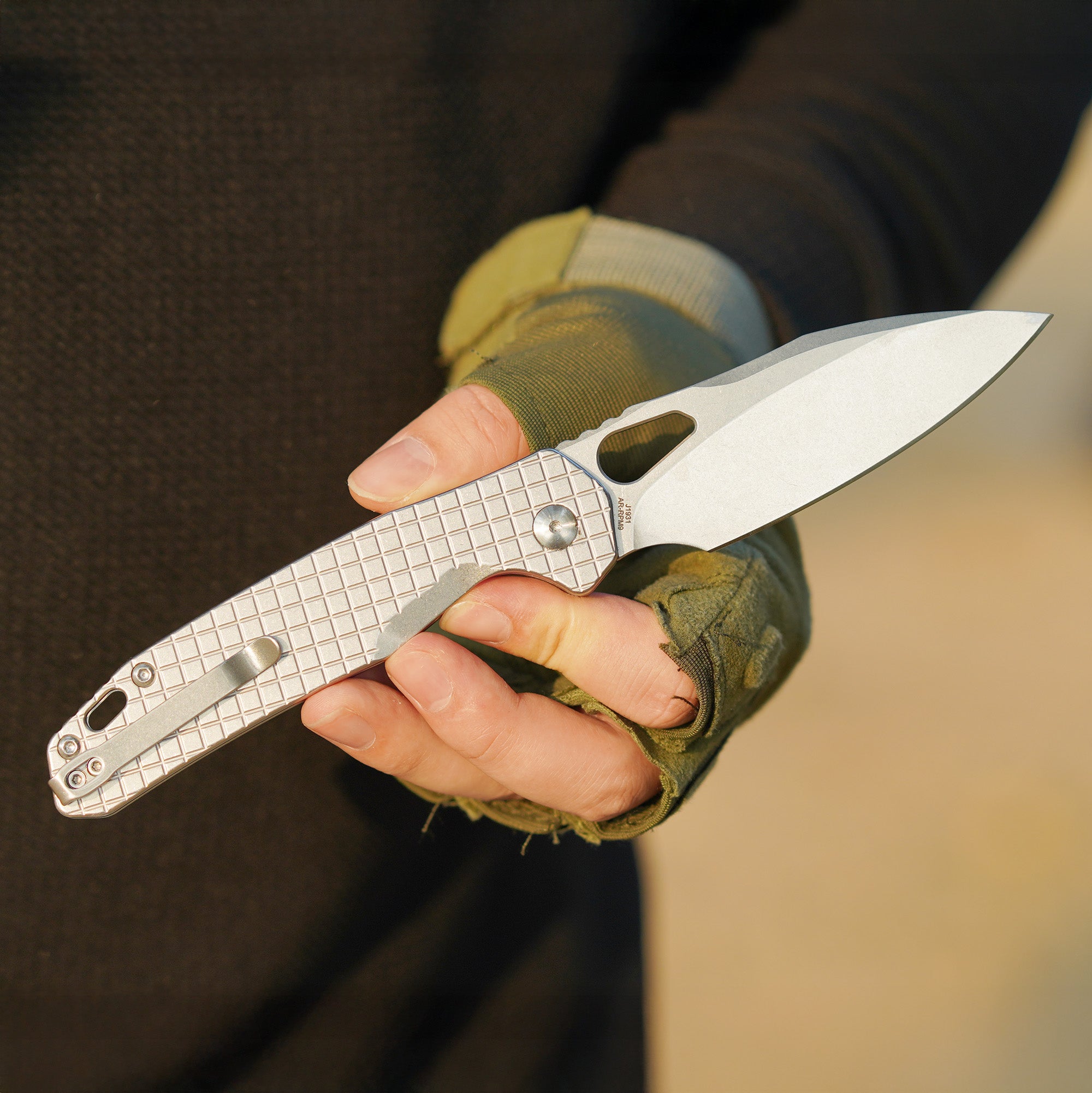 CJRB Frack J1931 AR-RPM9 Steel Blade Steel(Frag pattern) Handle Folding Knives - Stone Wash (J1931-FST)