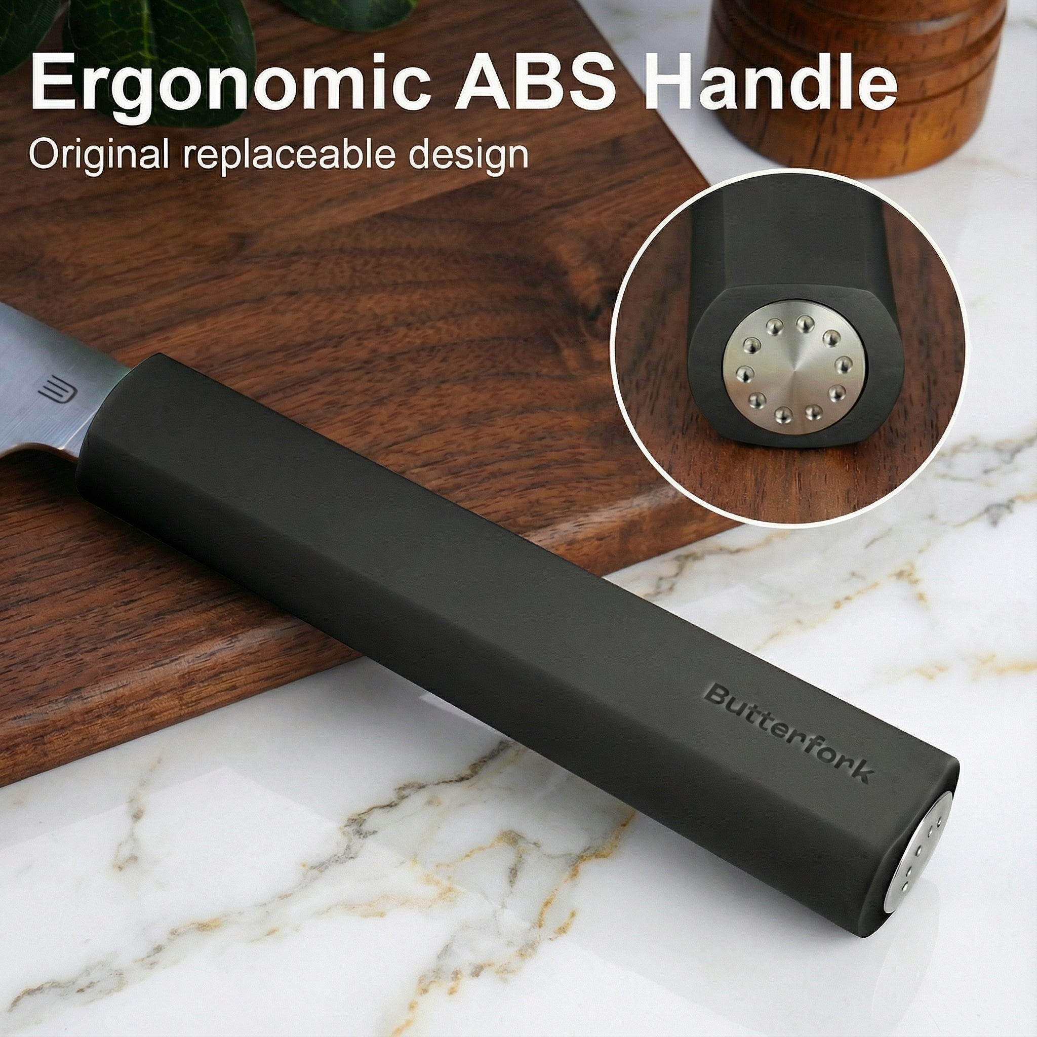 Butterfork Purest 8” Chef's Knife, AR-RPM9 Stainless Steel, Replaceable ABS Handle, Dark Grey