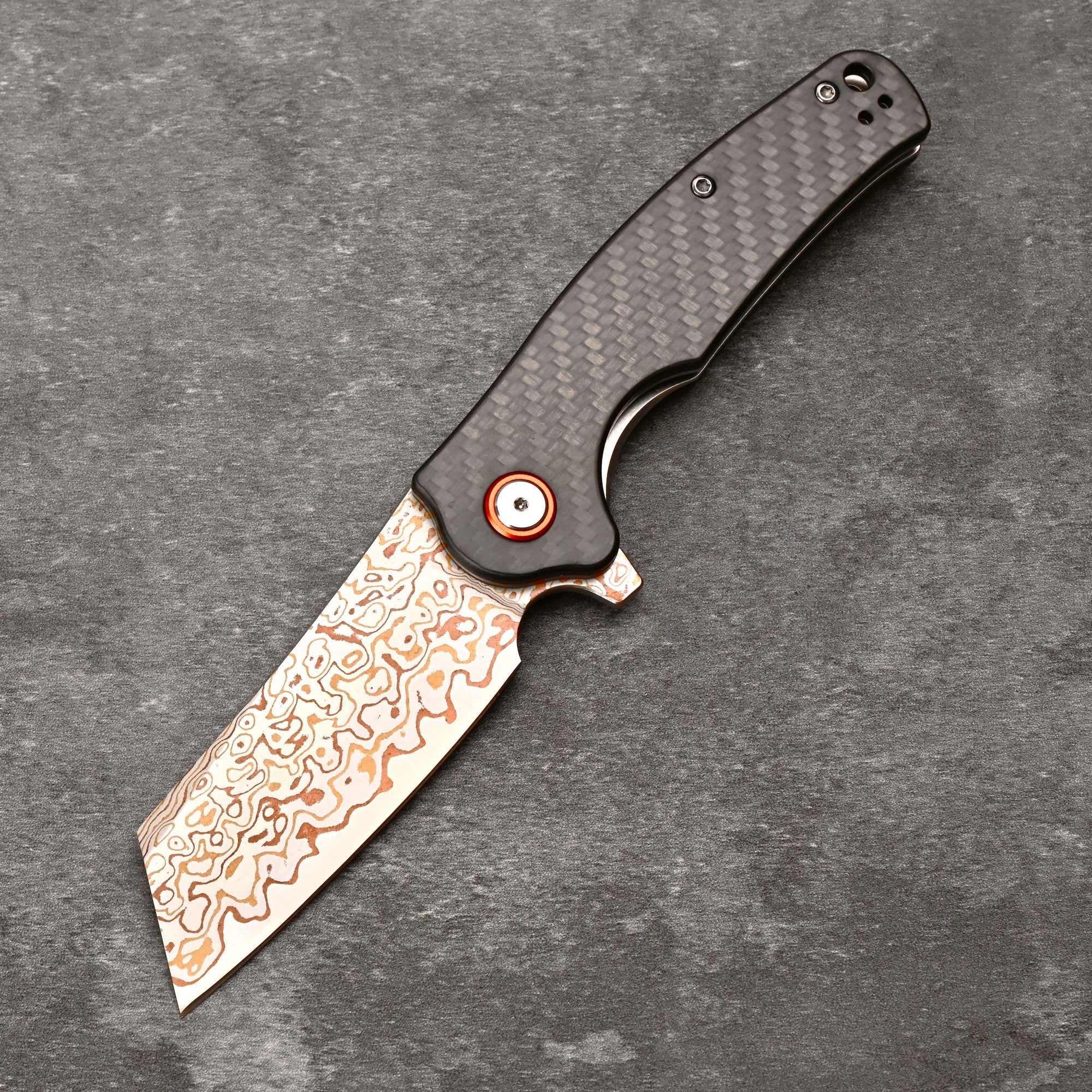 CJRB Crag J1904 Copper Damascus Steel Carbon Fiber Handle Folding Knives(Prototype)