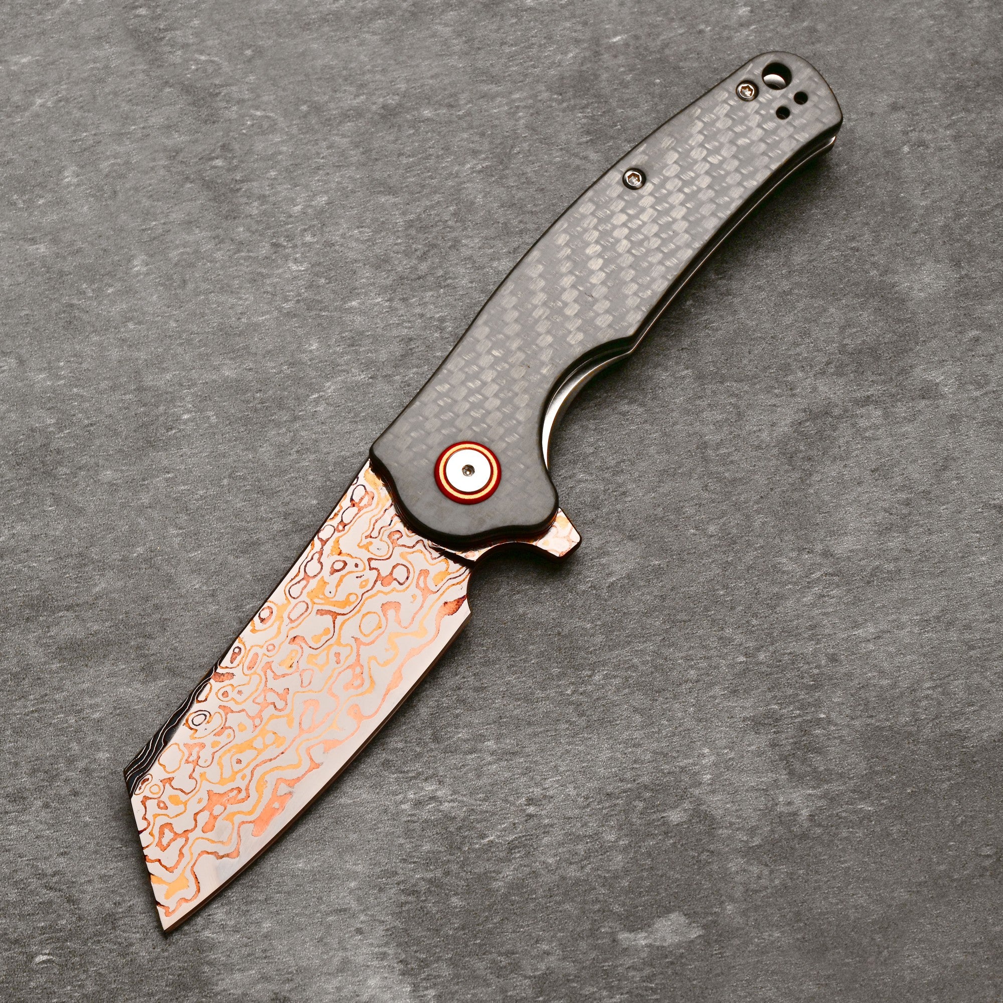 CJRB Crag J1904 Copper Damascus Steel Carbon Fiber Handle Folding Knives(Prototype)