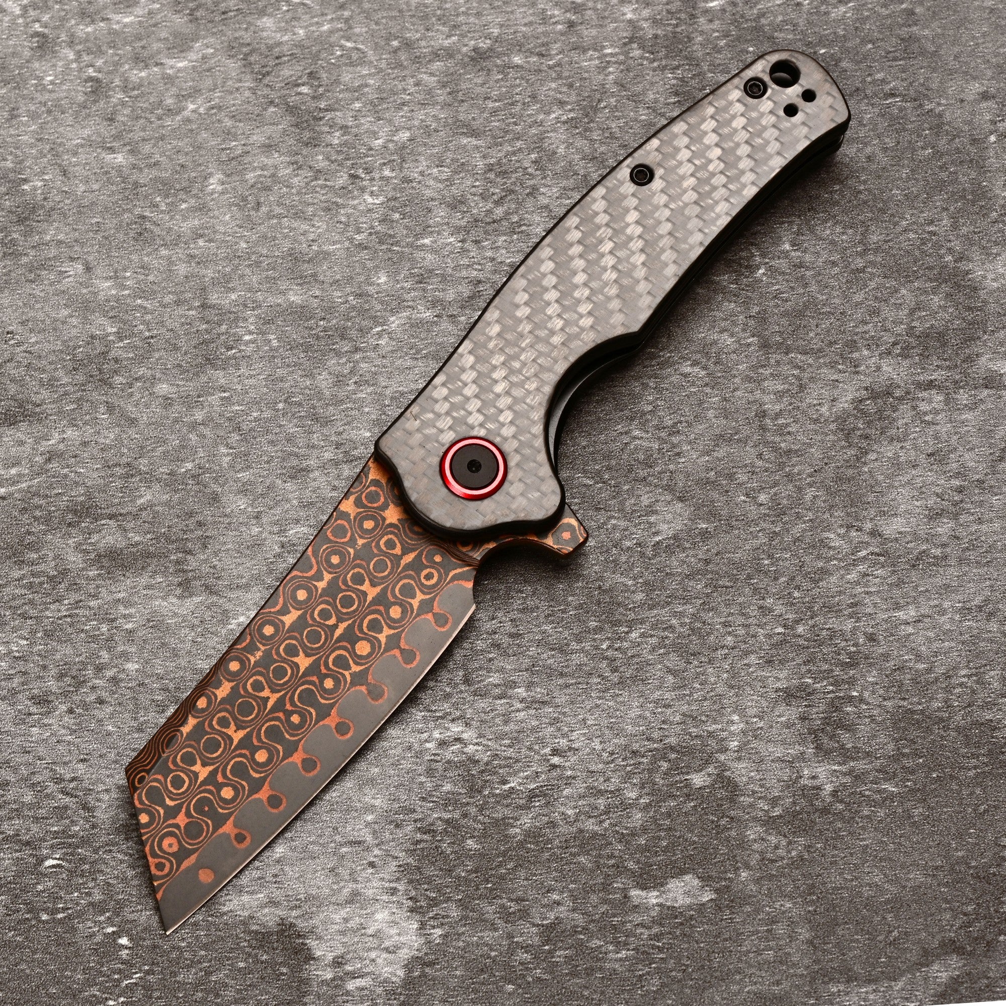 CJRB Crag J1904 Copper Damascus Steel Carbon Fiber Handle Folding Knives(Prototype)