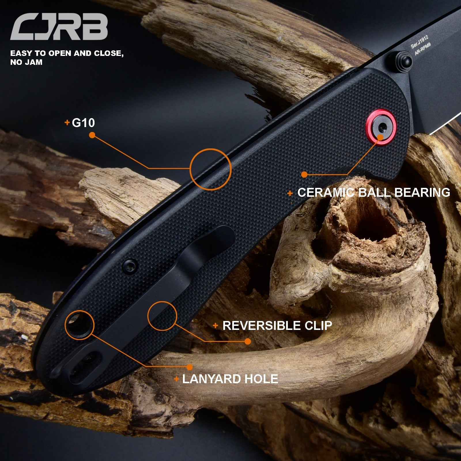 CJRB Feldspar J1912 AR-RPM9 Steel Black Pvd Coated Blade G10 Handle Folding Knives - Black (J1912-BBKF)
