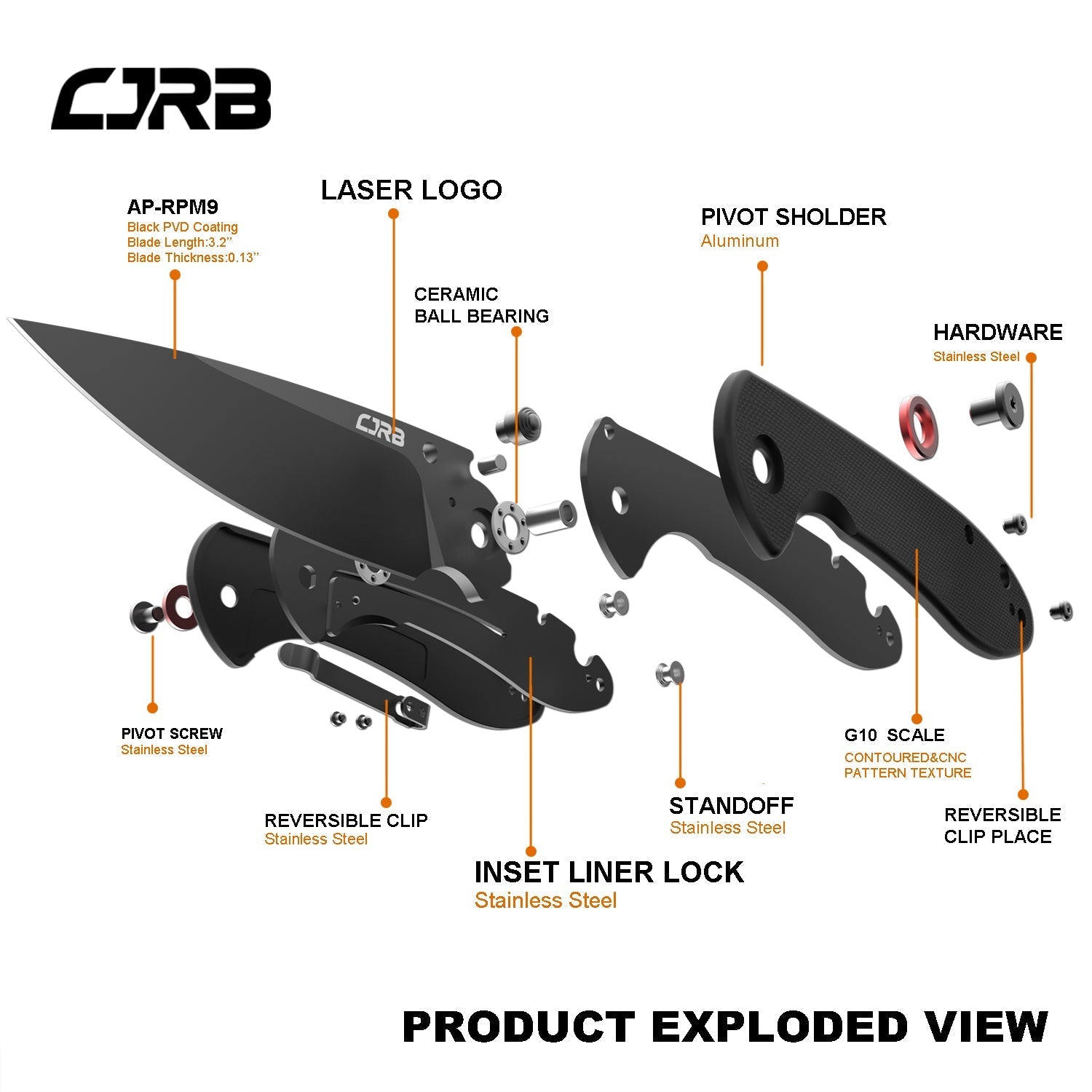 CJRB Feldspar J1912 AR-RPM9 Steel Black Pvd Coated Blade G10 Handle Folding Knives - Black (J1912-BBKF)