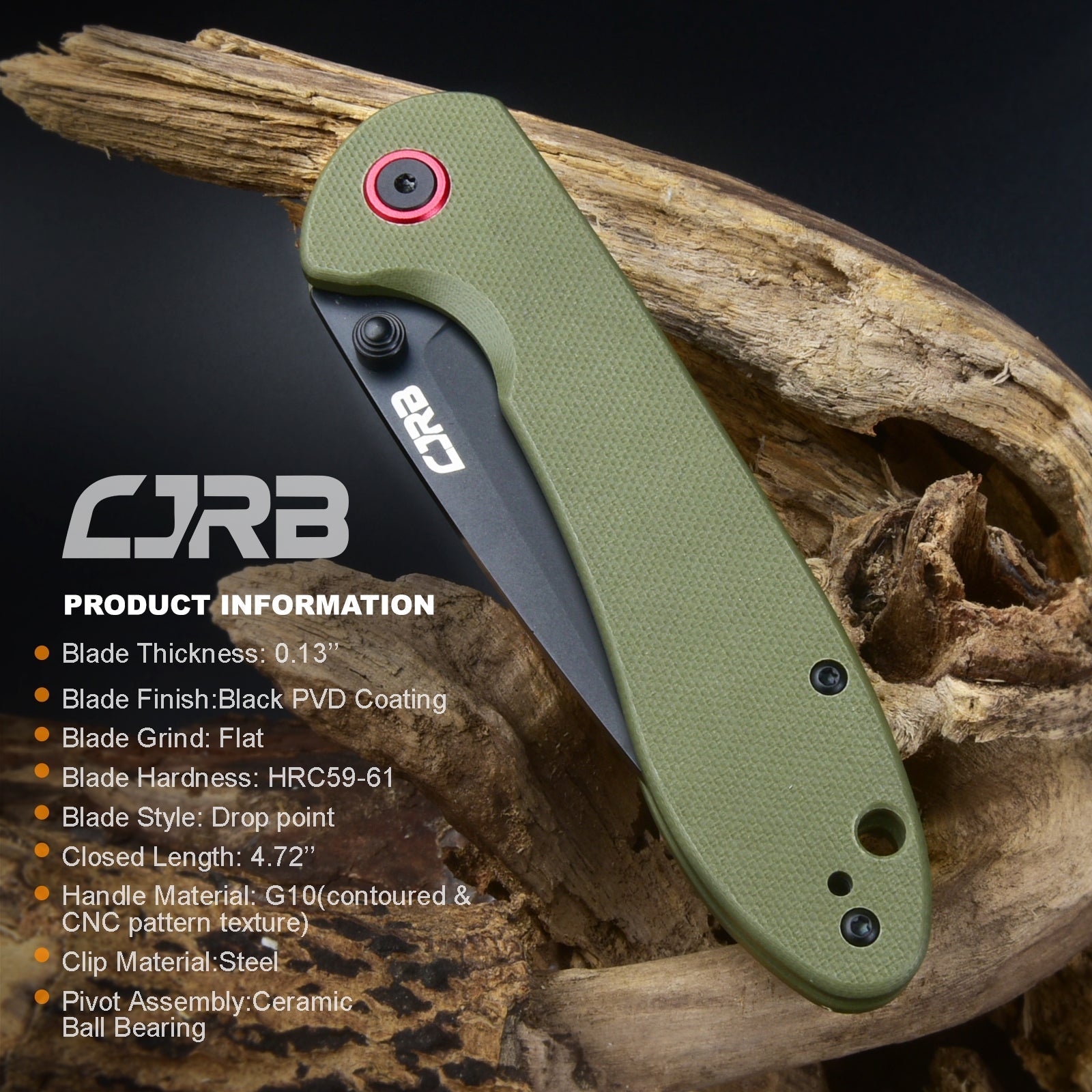 CJRB Feldspar J1912 AR-RPM9 Steel Black Pvd Coated Blade G10 Handle Folding Knives - Green (J1912-BGN)