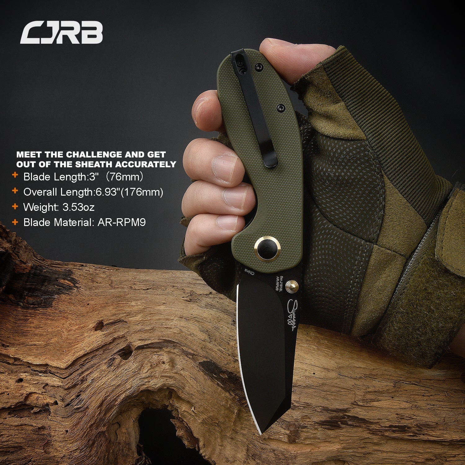 CJRB More Maileah J1918L Black Pvd Coated AR-RPM9  Steel Blade Folding Knives - Green (J1918L-BGN)
