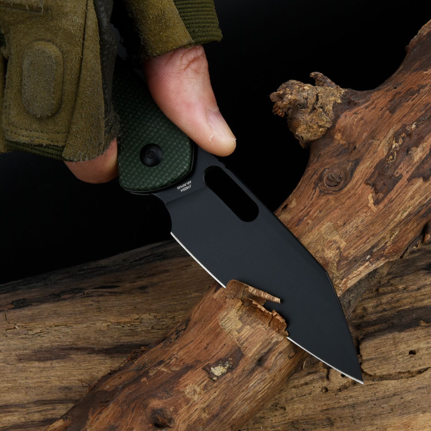 CJRB Pyrite-Alt Wharncliffe J1925A AR-RPM9 Steel Blade Micarta Handle Folding Knives - Black PVD (J1925A-BMGN)