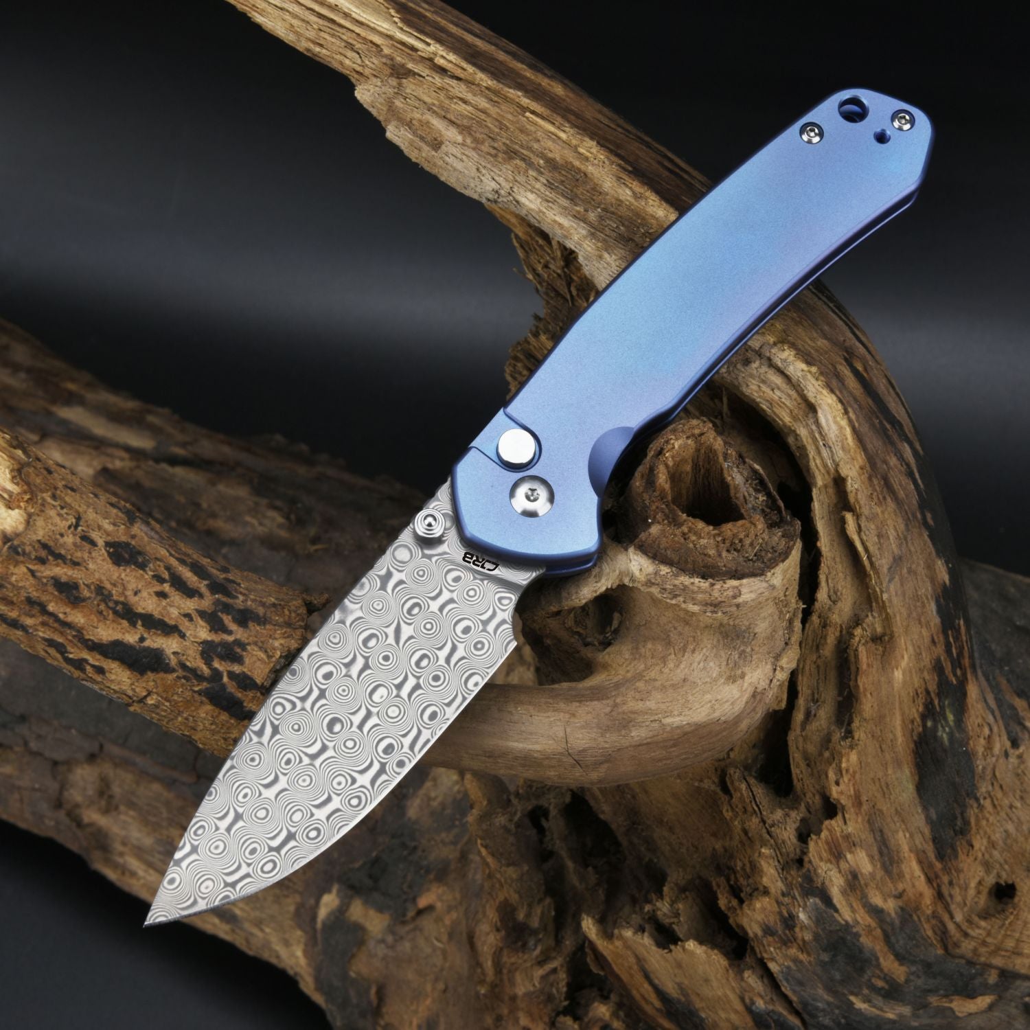 CJRB Pyrite J1925 Damascus Blade Titanium Handle Folding Knives - Blue (J1925T-BU)