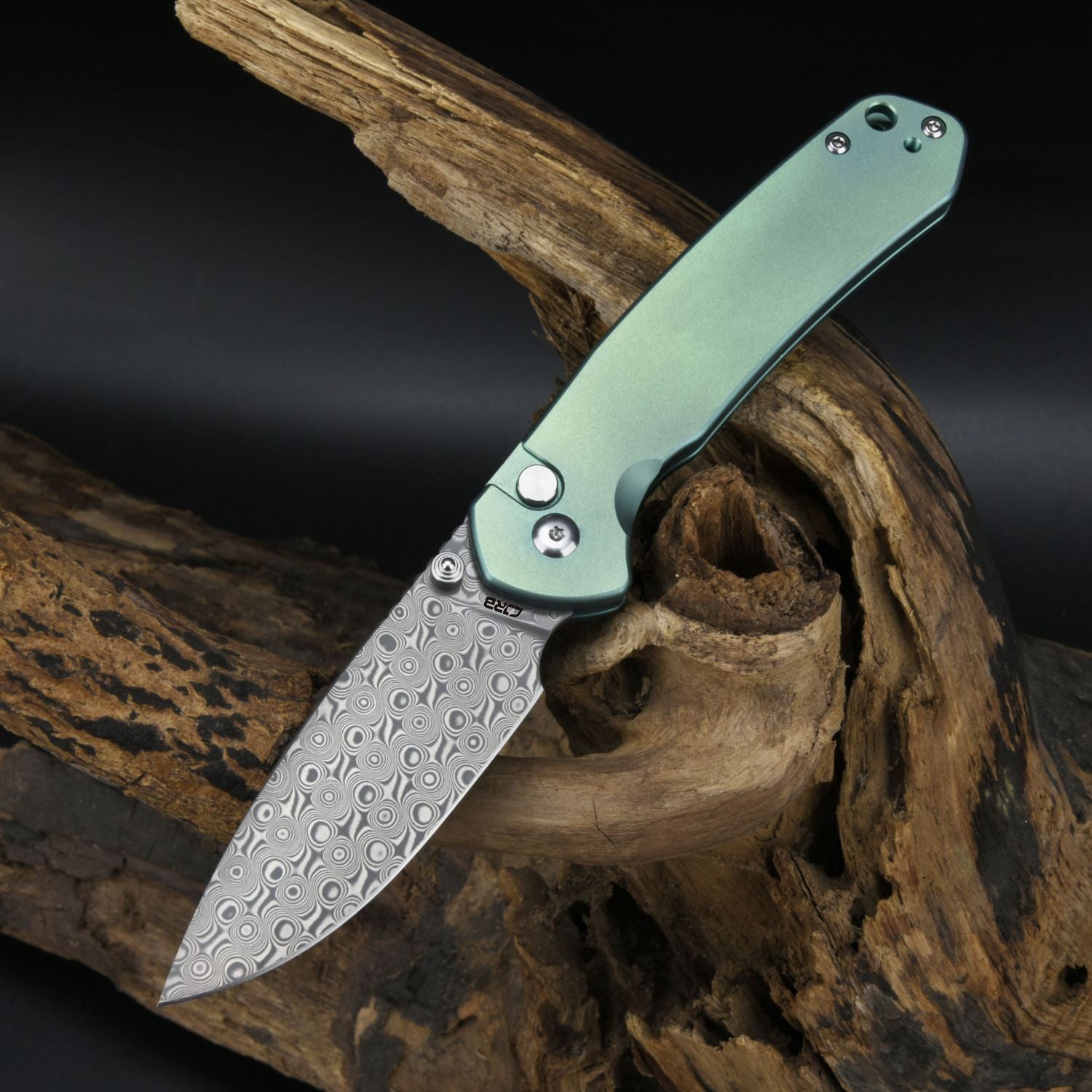 CJRB Pyrite J1925 Damascus Blade Titanium Handle Folding Knives - Green (J1925T-GN)
