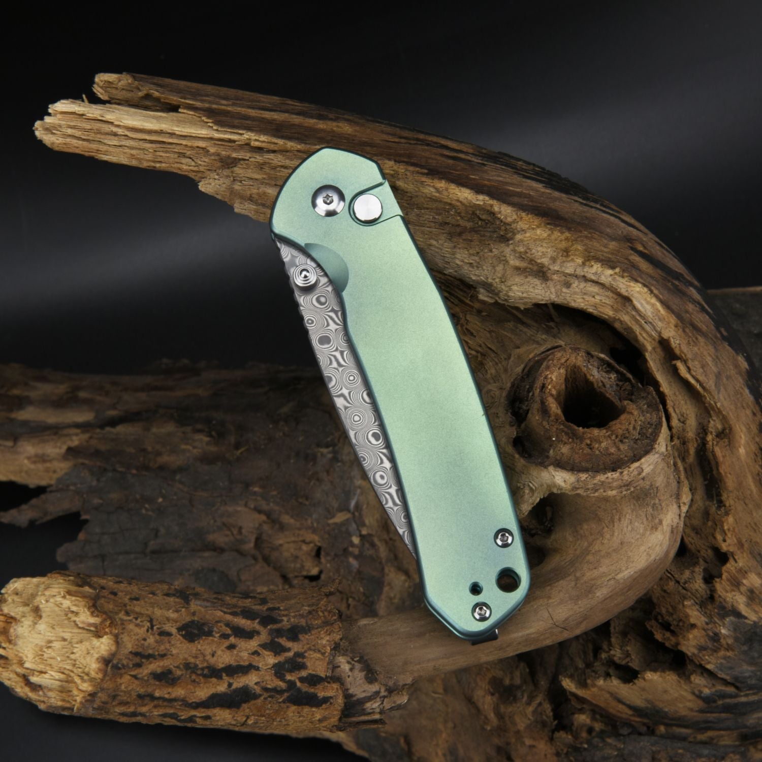 CJRB Pyrite J1925 Damascus Blade Titanium Handle Folding Knives - Green (J1925T-GN)