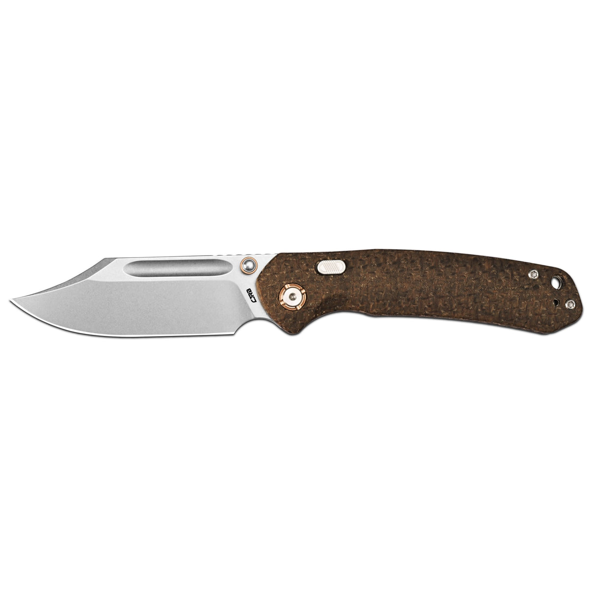 CJRB Bowie Pyrite Thumb Stud & Top Liner Lock Folding Knife Brown Glow in the Dark Micarta Handle (3.35'' Stone Wash 14C28N Steel Blade) J1942X-GDBN (Exclusive)