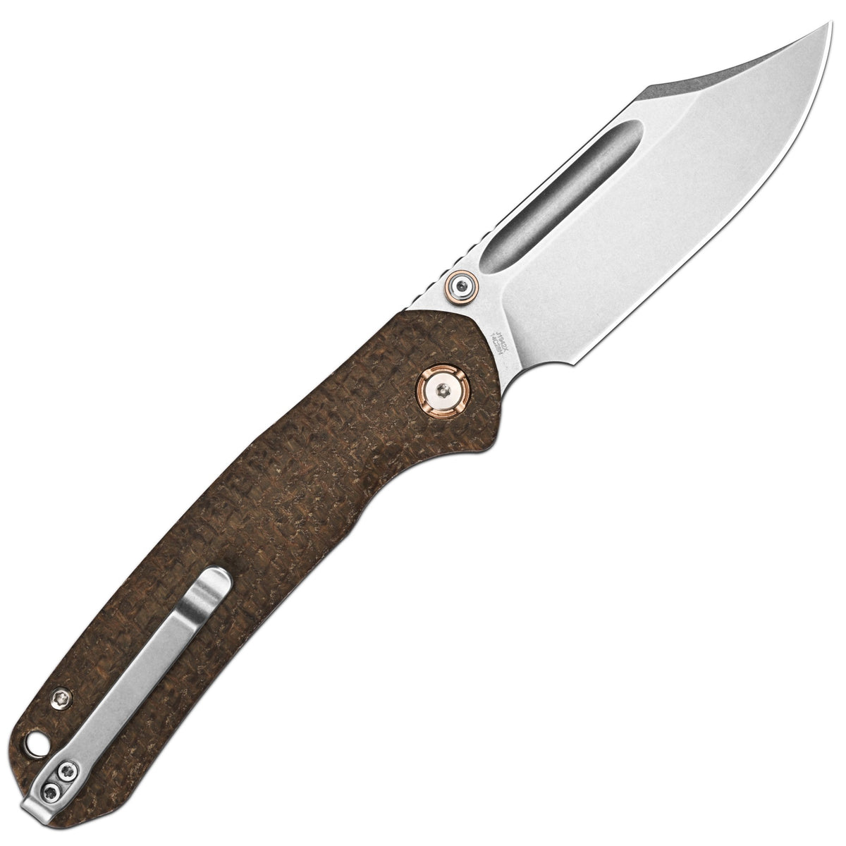 CJRB Bowie Pyrite Thumb Stud & Top Liner Lock Folding Knife Brown Glow in the Dark Micarta Handle (3.35'' Stone Wash 14C28N Steel Blade) J1942X-GDBN (Exclusive)