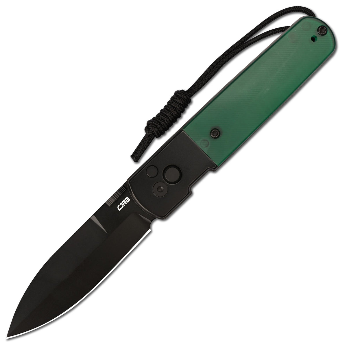 CJRB Locust Button Lock with Safety Switch Folding Knife Green PC Inlay & Black PVD Steel Handle (3.15'' AR-RPM9 Steel Black PVD Coating Blade) J1951-BGPC (Exclusive)