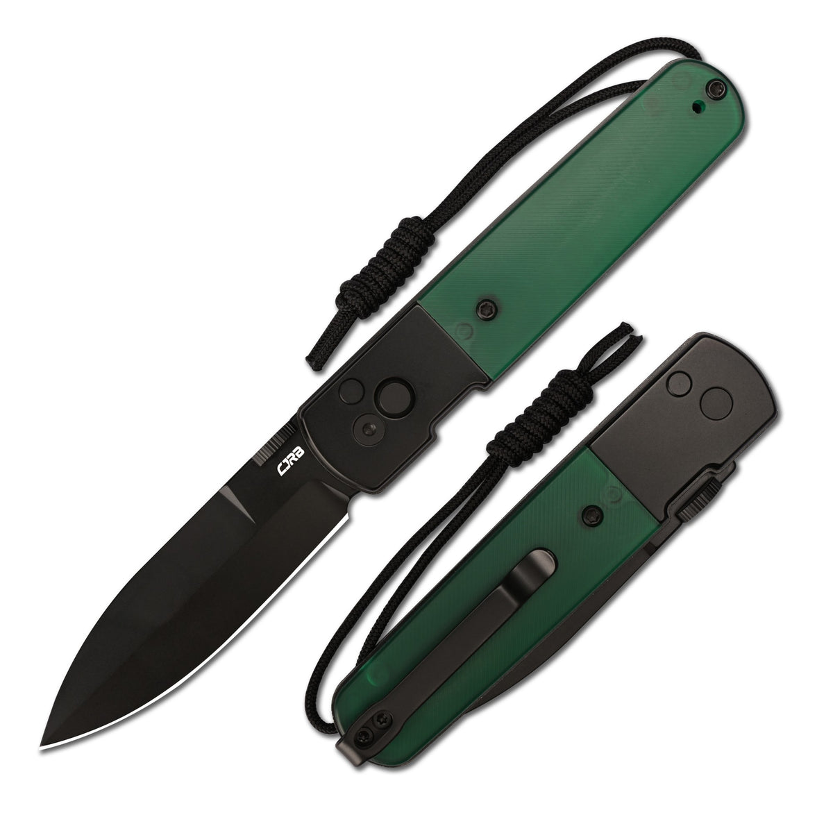 CJRB Locust Button Lock with Safety Switch Folding Knife Green PC Inlay & Black PVD Steel Handle (3.15'' AR-RPM9 Steel Black PVD Coating Blade) J1951-BGPC (Exclusive)