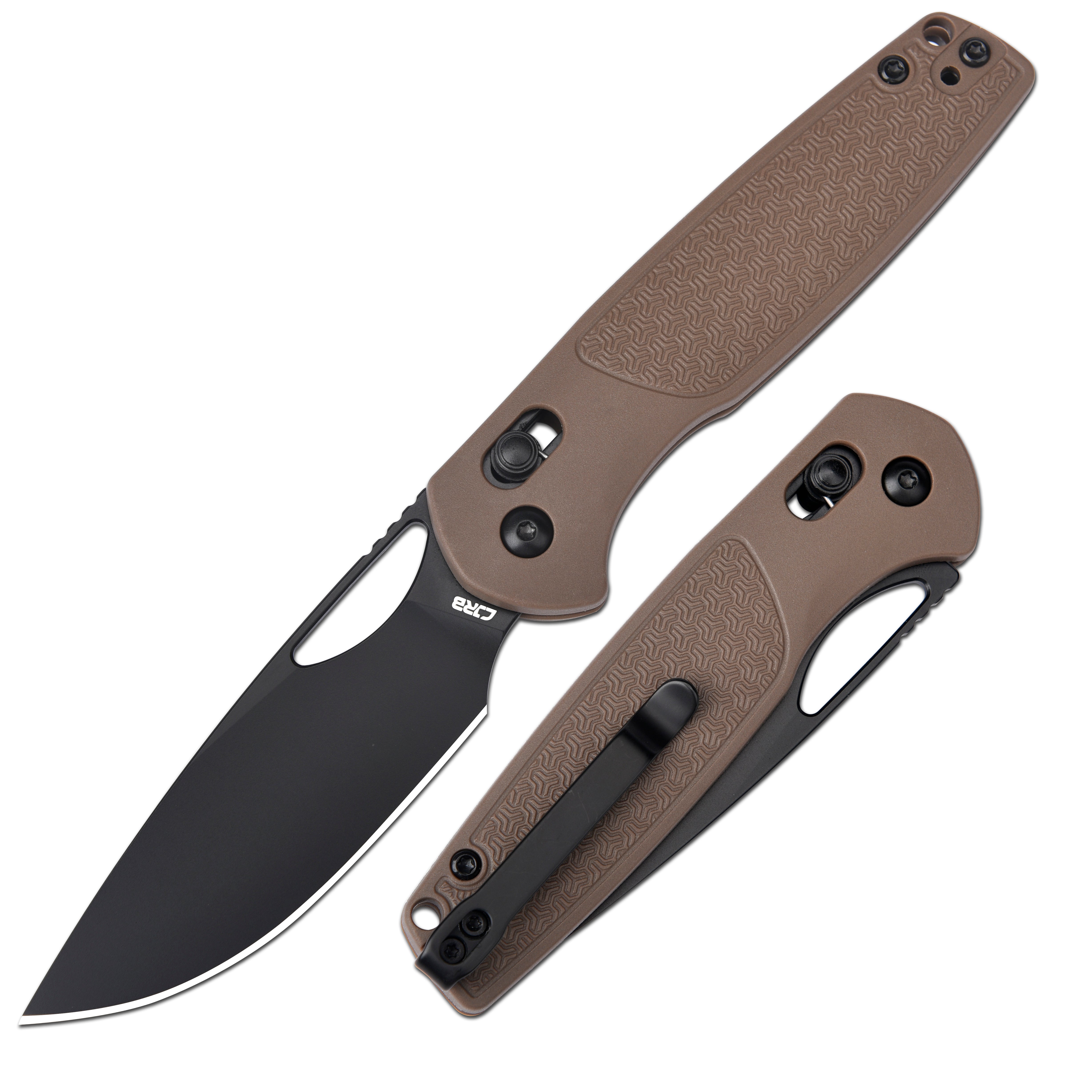 CJRB Acacia J1952 AR-RPM9 Blade Steel FRN Handle Folding Knives - Black PVD Blade/Brown FRN Handle (J1952-BBN)