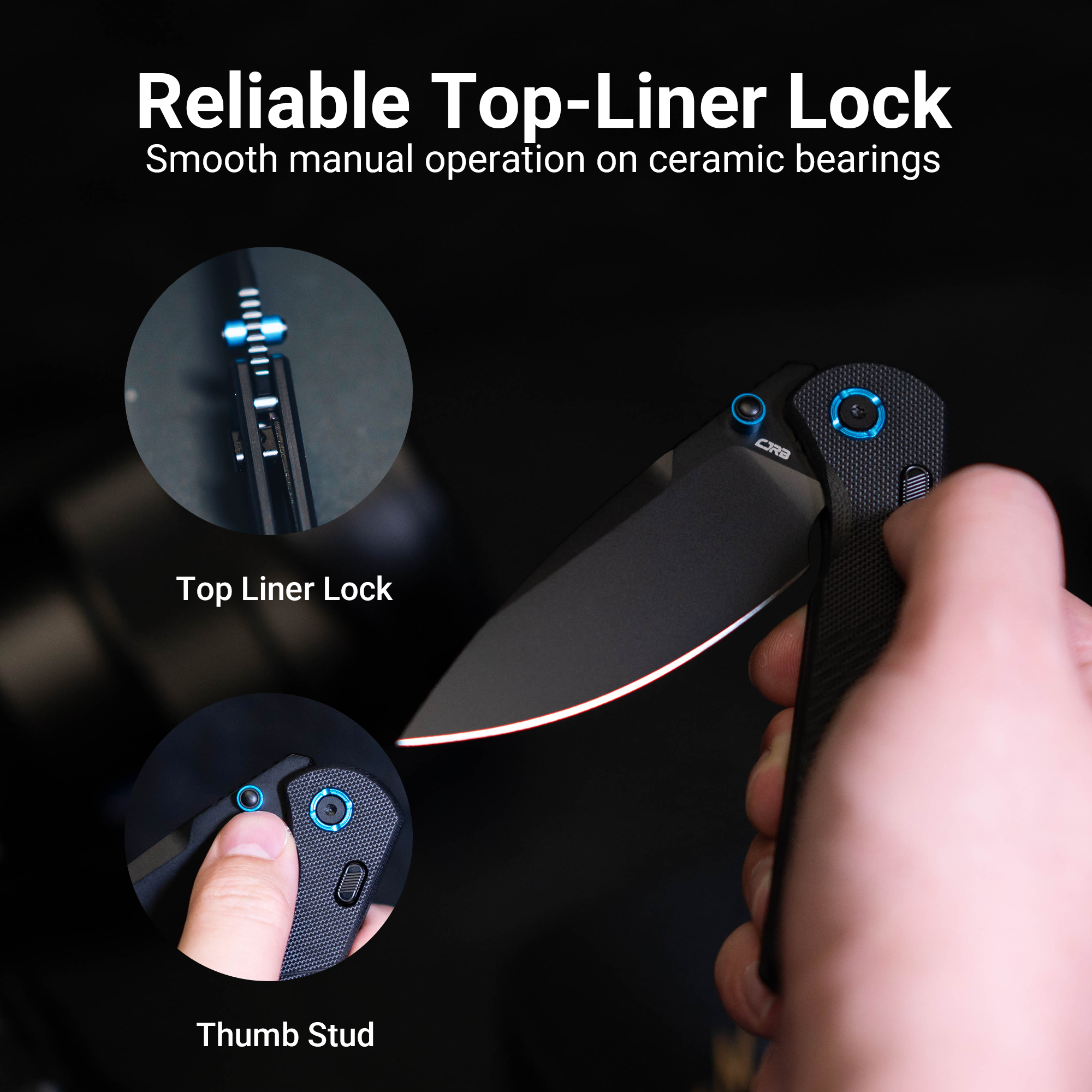CJRB Latitude Thumb Stud & Top Liner Lock EDC Knife Black CNC G10 Textured Handle(3.47'' AR-RPM9 Steel Black PVD Coating Blade) J1975-BBK