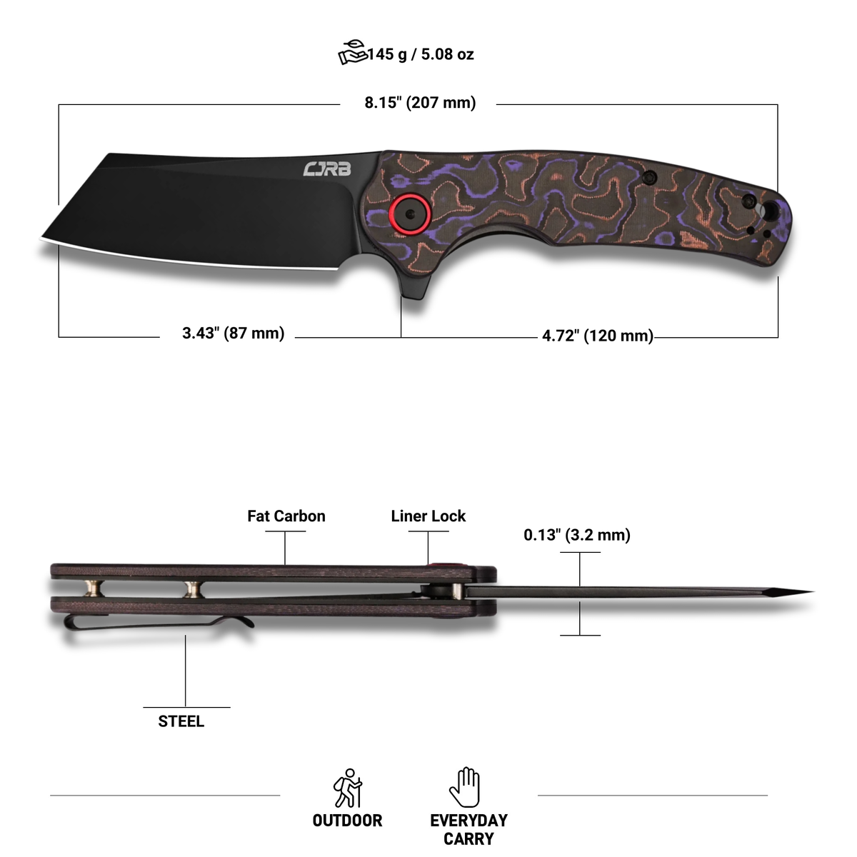 CJRB Crag Flipper & Liner Lock Folding Knife Purple Fat Carbon Handle (3.43'' 14C28N Steel Black PVD Coating Blade) J1904-PUCF (Exclusive)