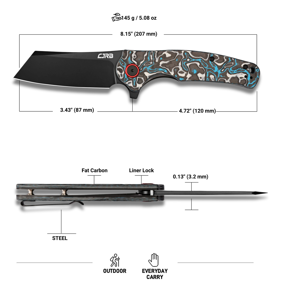 CJRB Crag Flipper & Liner Lock Folding Knife Blue & White Fat Carbon Handle (3.43'' 14C28N Steel Black PVD Coating Blade) J1904-BWCF (Exclusive)