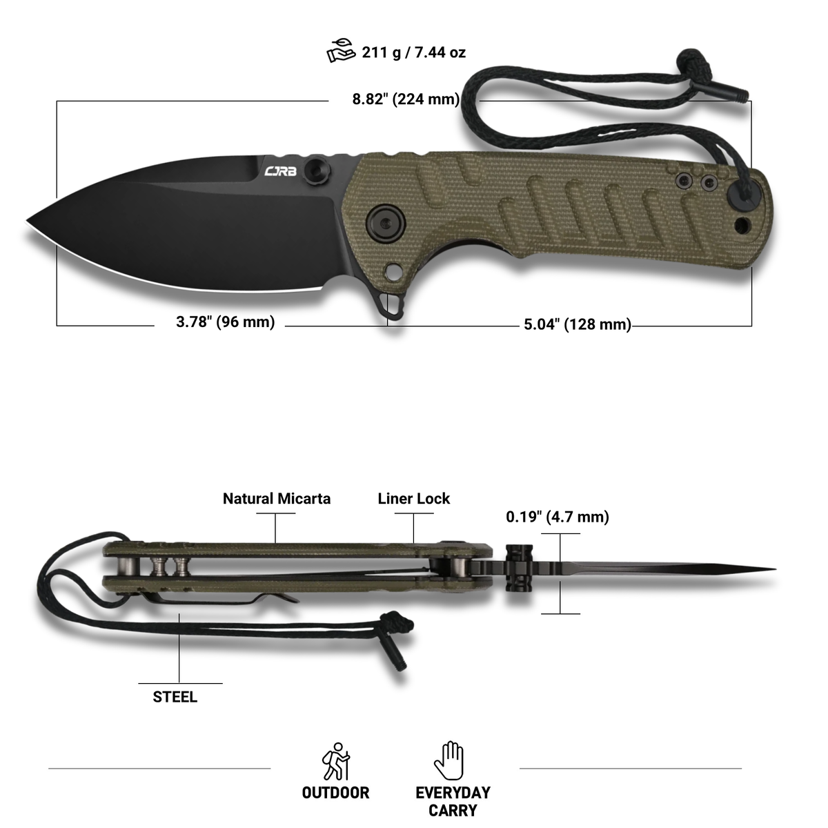CJRB Tundra Flipper & Thumb Stud & Liner Lock Folding Knife Natural Micarta Handle (3.78'' D2 Steel Black PVD Coating Blade) J1966-BNM (Exclusive)