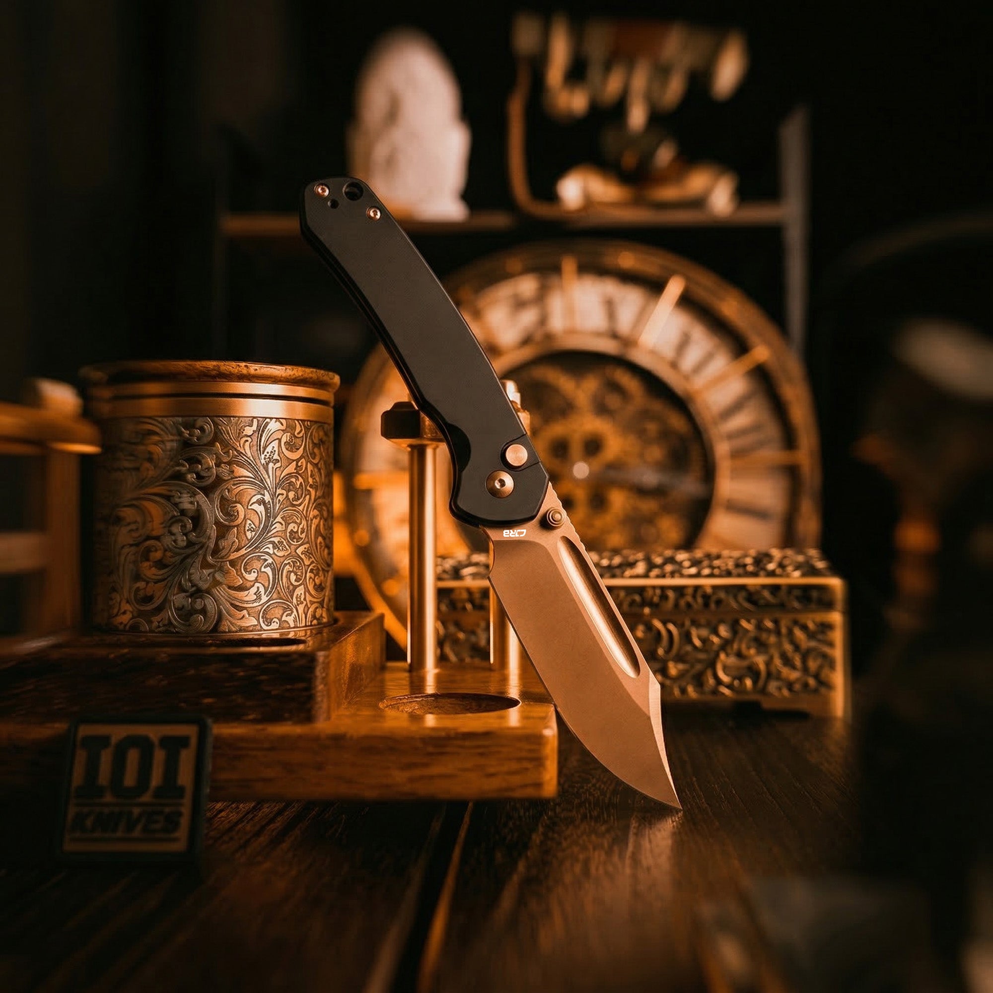 CJRB Bowie Pyrite J1942 AR-RPM9 Steel Rose Gold Blade Steel Handle