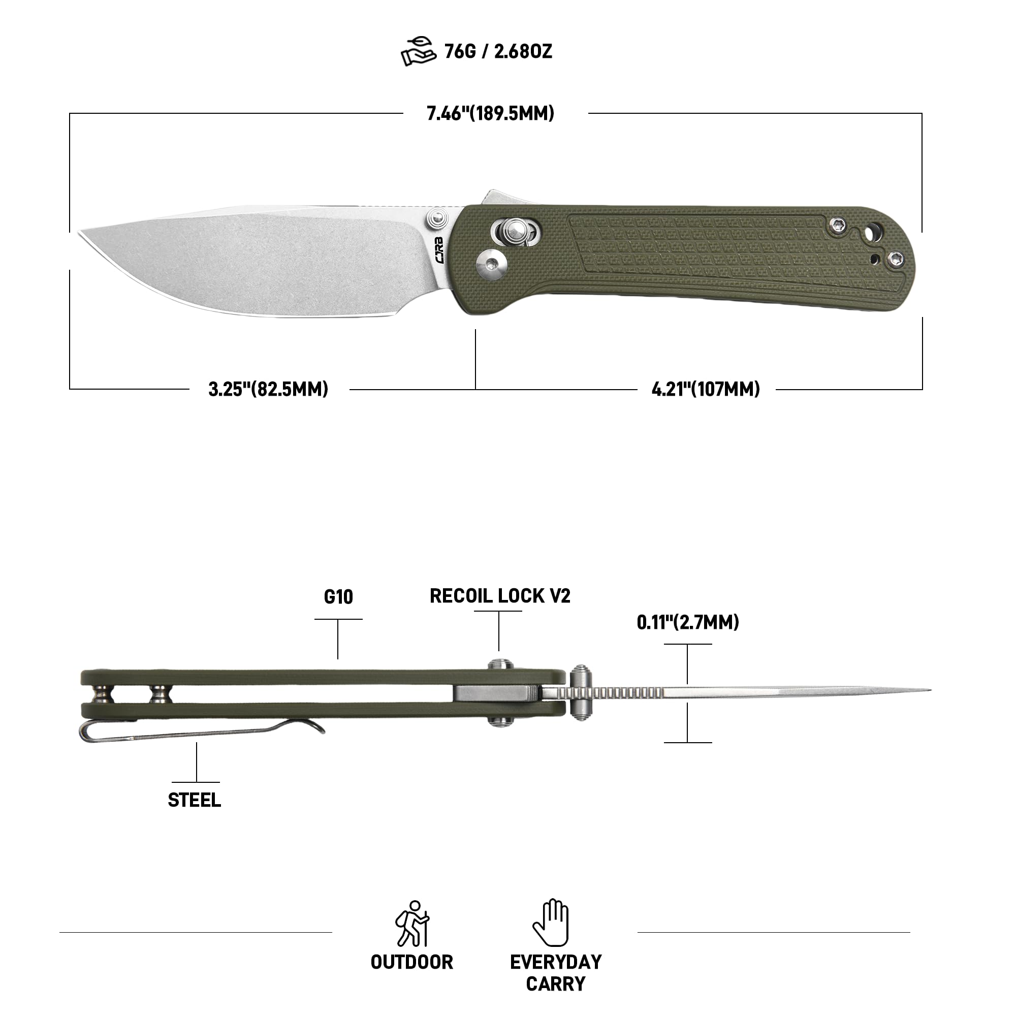CJRB Bolt J1960 AR-RPM9 Steel Blade G10 Handle Folding Knives, Green