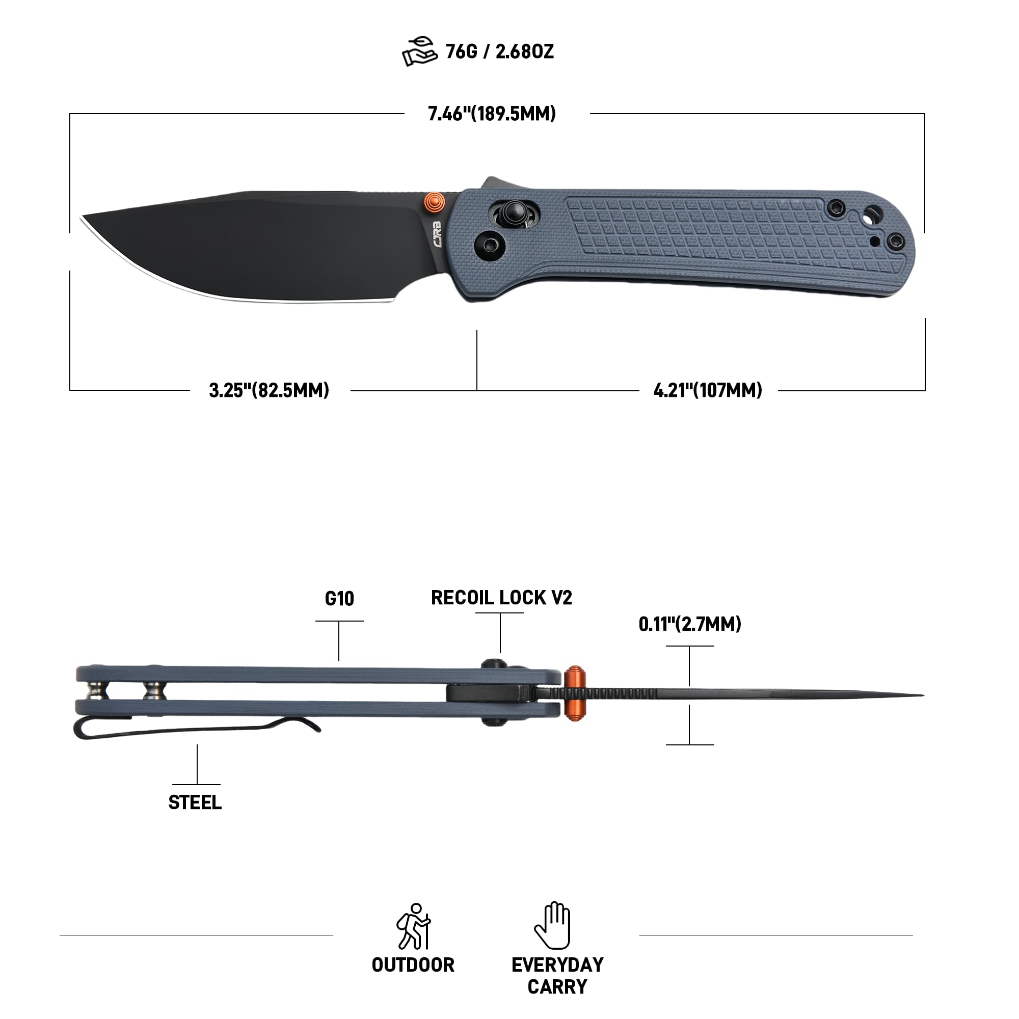 CJRB Bolt Thumb Stud & Recoil Lock V2 Folding Knife Blue G10 Handle (3