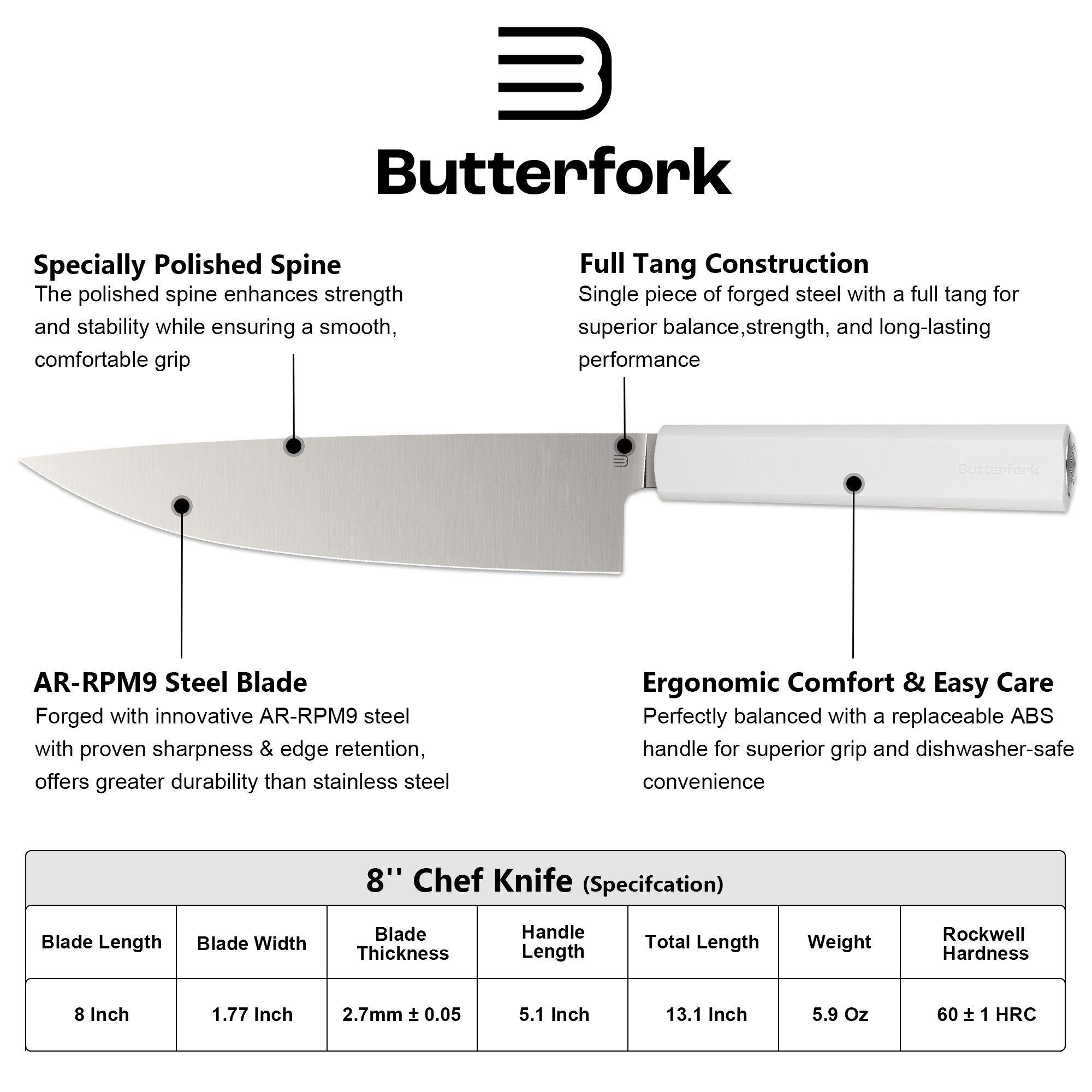 Butterfork Purest 8” Chef's Knife, AR-RPM9 Stainless Steel, Replaceable ABS Handle, Light Grey