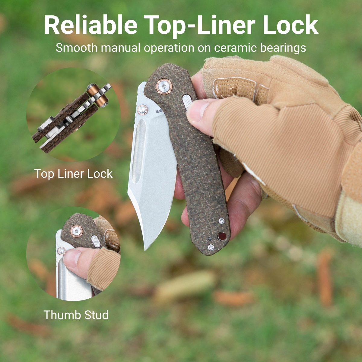 CJRB Bowie Pyrite Thumb Stud & Top Liner Lock Folding Knife Brown Glow in the Dark Micarta Handle (3.35'' Stone Wash 14C28N Steel Blade) J1942X-GDBN (Exclusive)