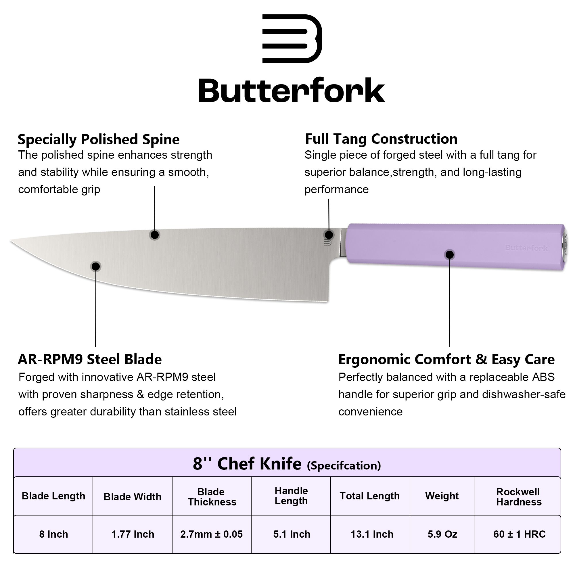 Butterfork Purest 8” Chef's Knife, AR-RPM9 Stainless Steel, Replaceable ABS Handle, Mist Violet