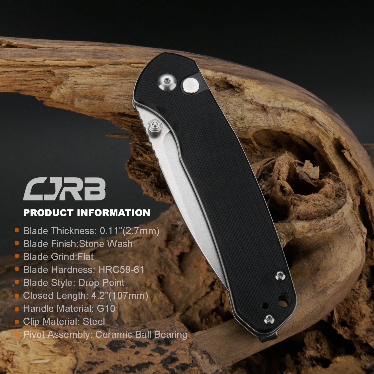 CJRB Pyrite J1925 AR-RPM9 Steel Stone Wash Blade G10 Handle Folding Knives