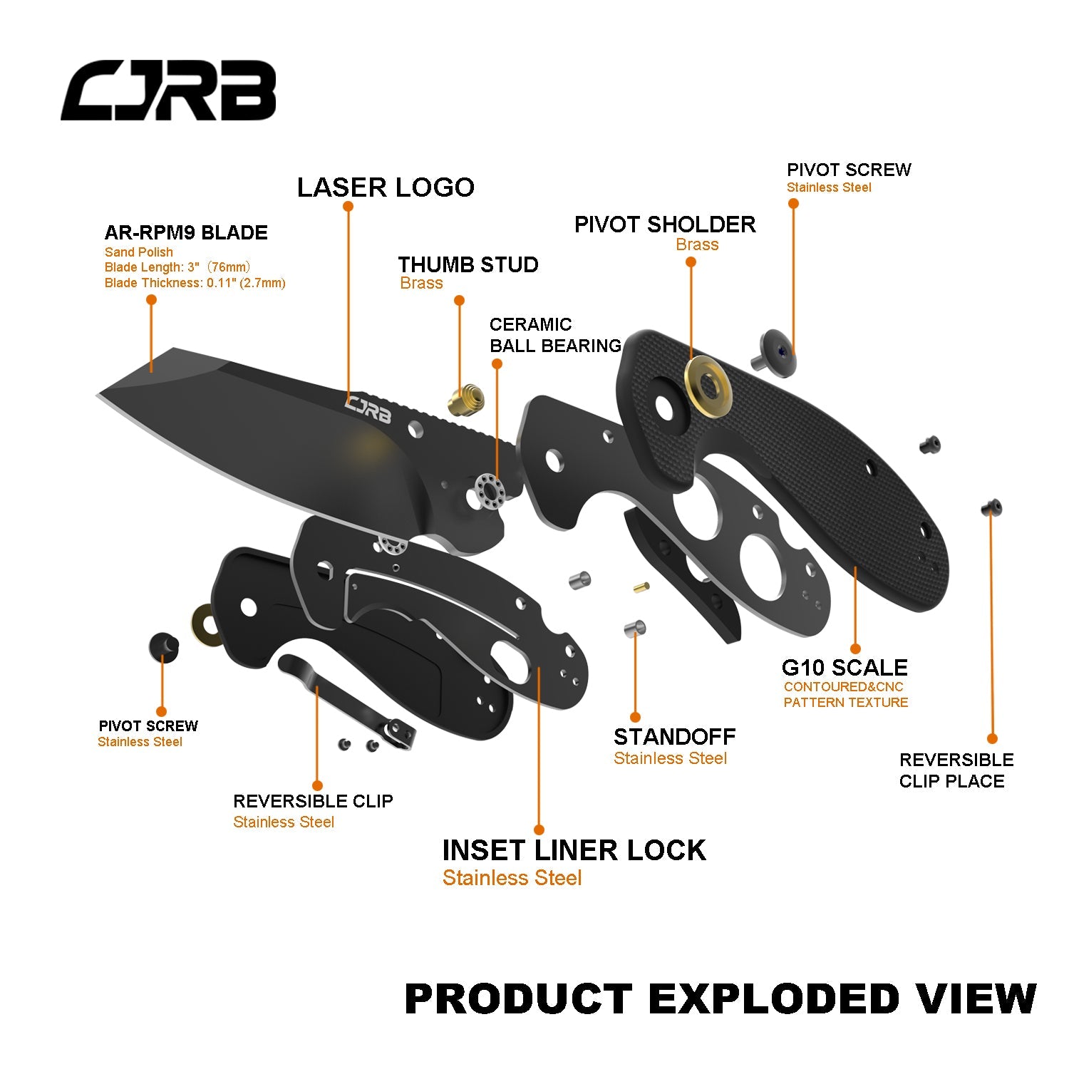CJRB More Maileah J1918L Black Pvd Coated AR-RPM9  Steel Blade Folding Knives