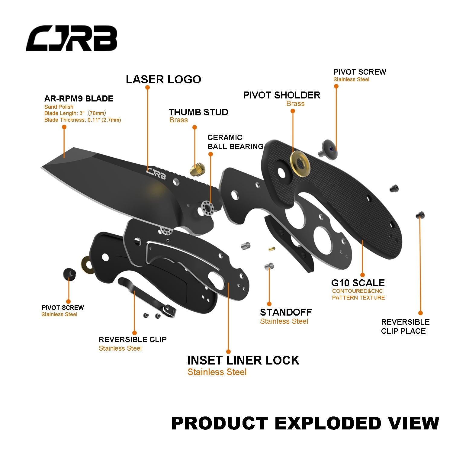 CJRB More Maileah J1918l Black Pvd Coated AR-RPM9  Steel Blade Folding Knives